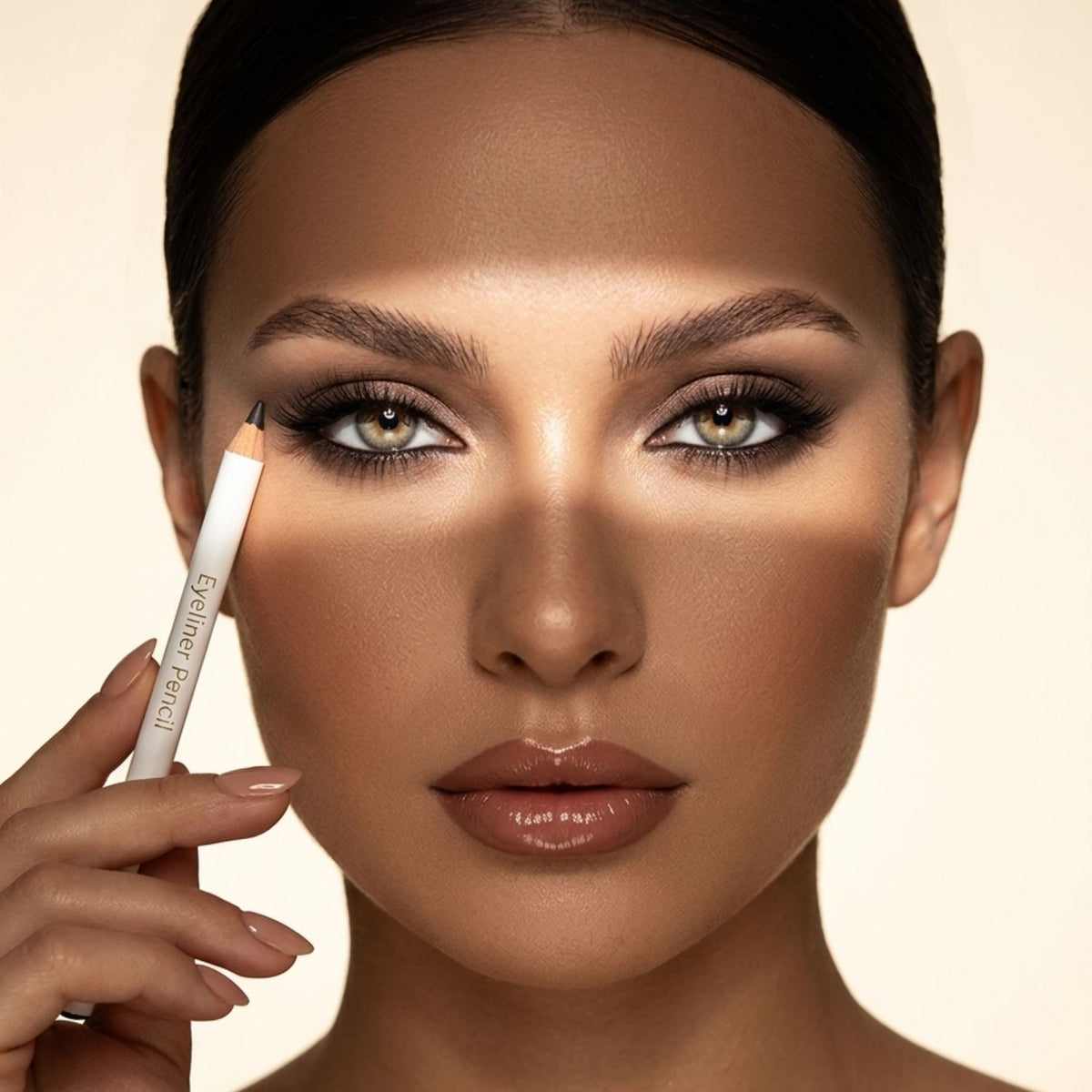 Model with makeup, holding the eyeliner pencil