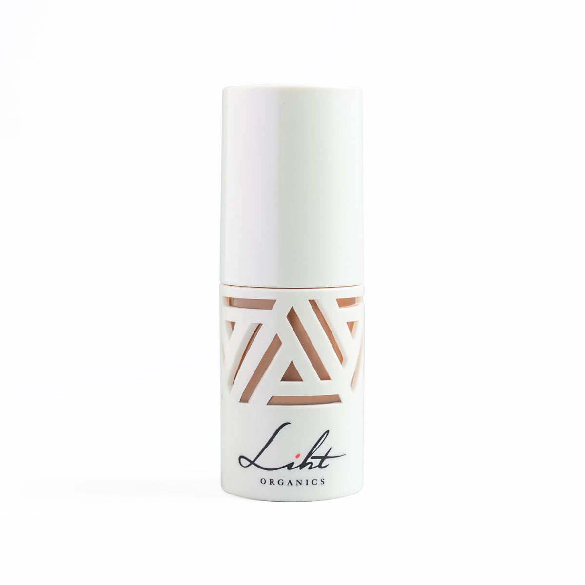 Makeup bottle of Liht Organics liquid foundation, with geometric design on a white background