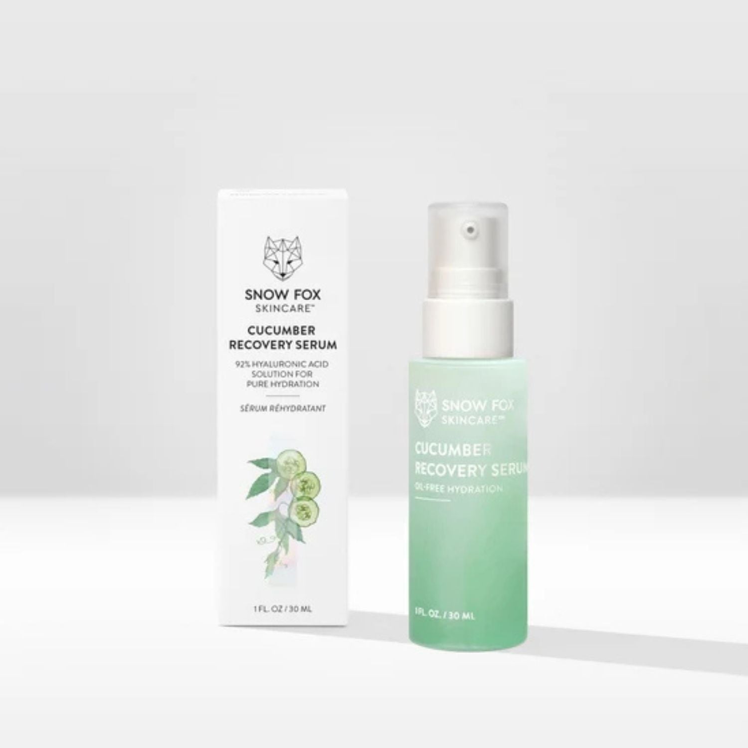Snow Fox Skincare Cucumber Recovery Serum shown with its white packaging box and a mint green spray bottle on a clean white background.