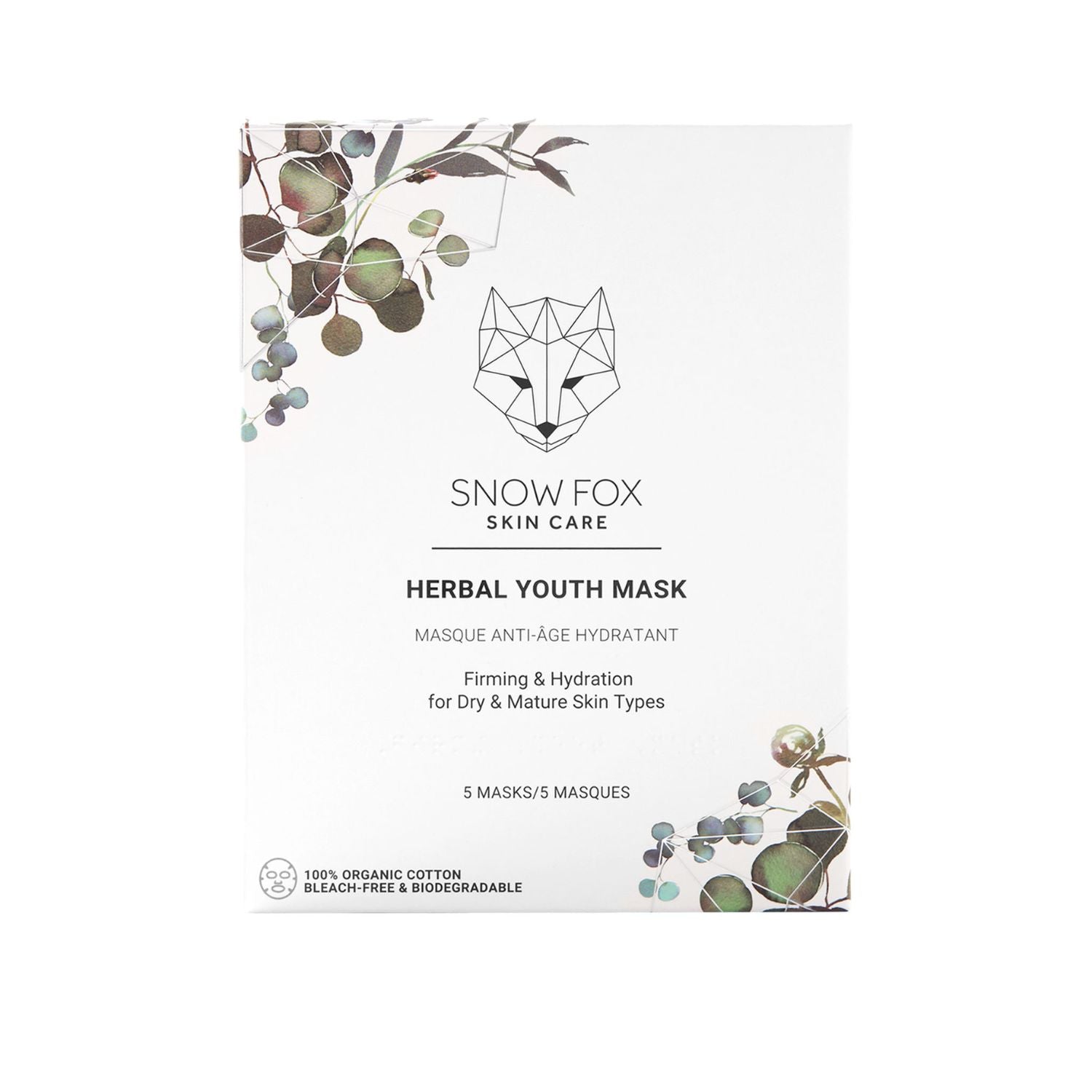 Snow Fox Skin Care Herbal Youth Mask box, featuring product benefits: firming and hydrating for dry and mature skin types