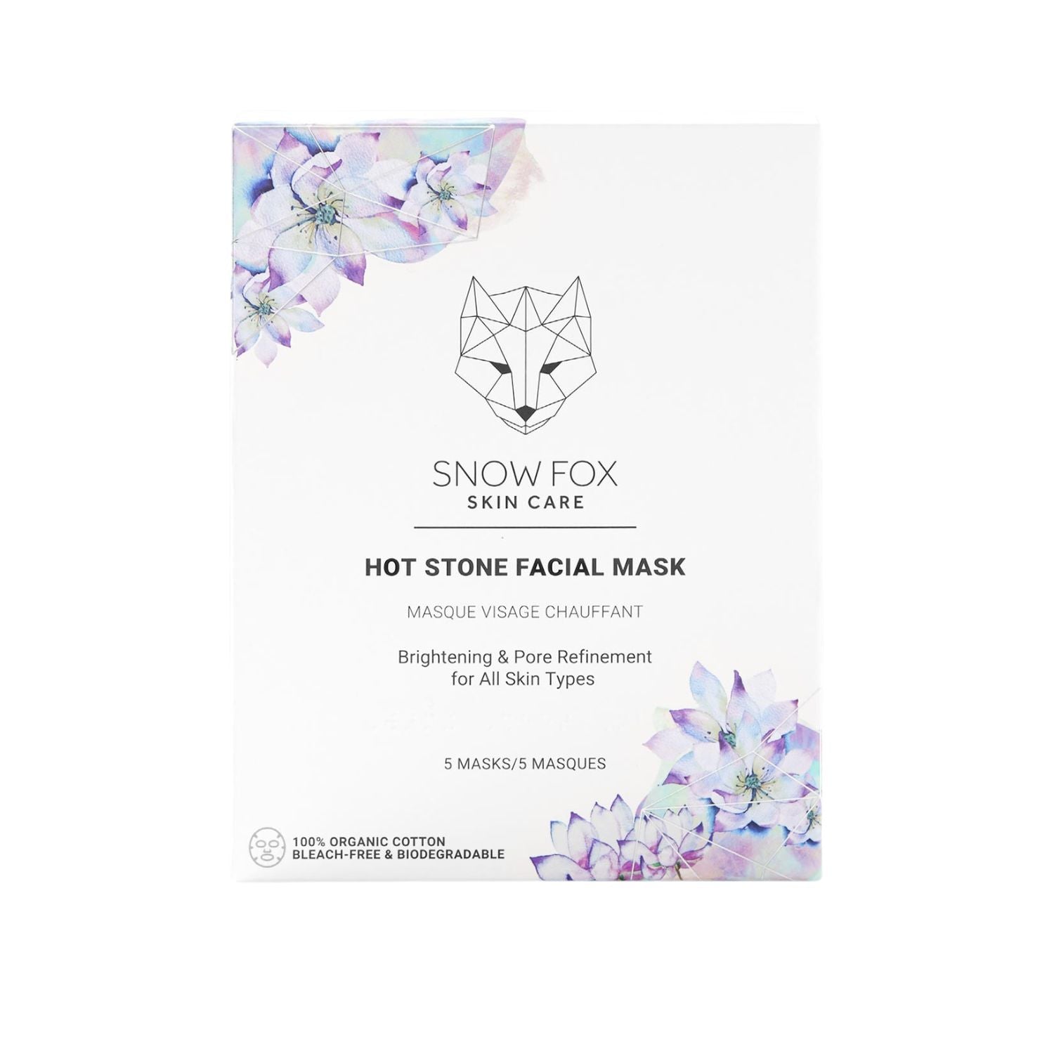 Snow Fox Skin Care Hot Stone Facial Mask packaging, featuring product benefits: brightening and pore refinement for all skin types