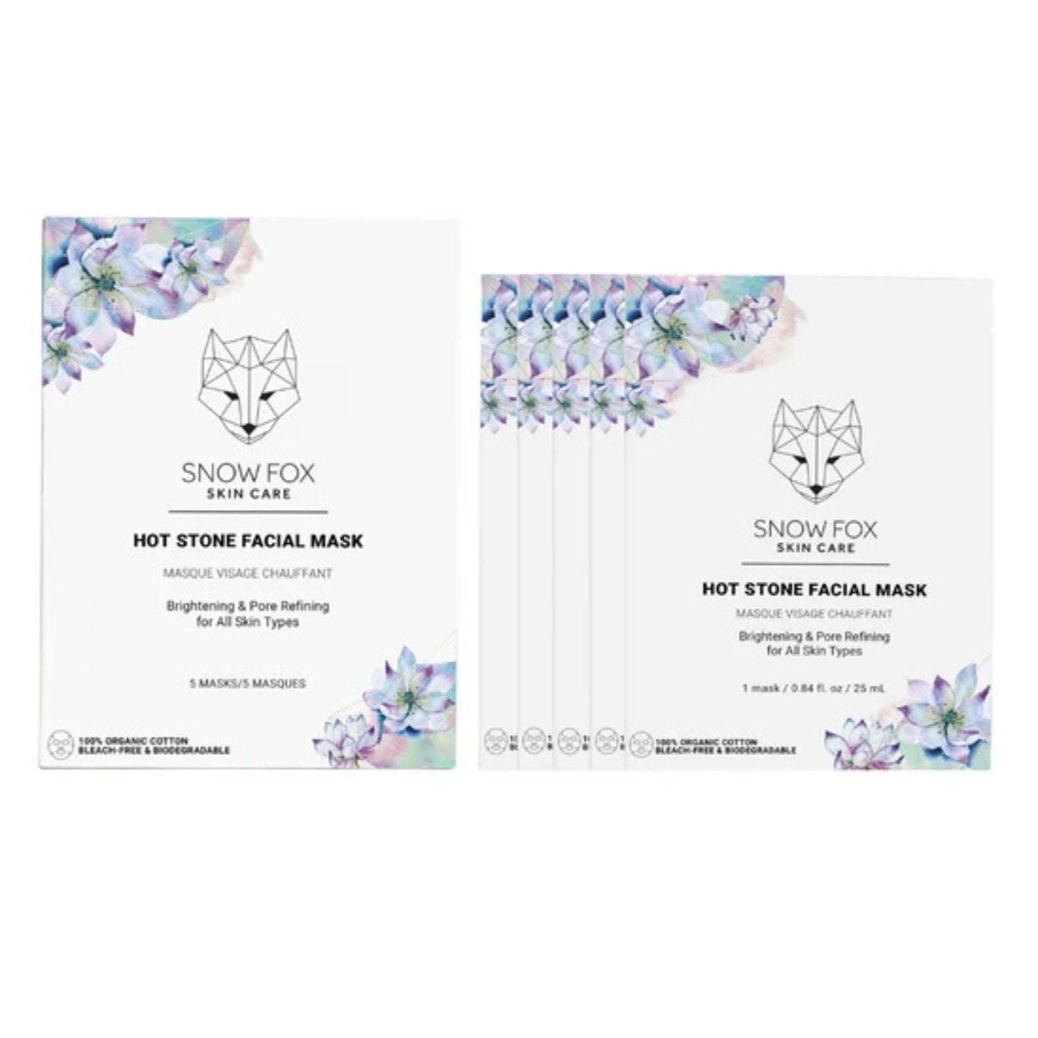 One box of Snow Fox Skin Care Hot Stone Facial Mask, with five single sheet masks inside, shown on a plain white background, with floral watercolor accents and the brand logo visible.