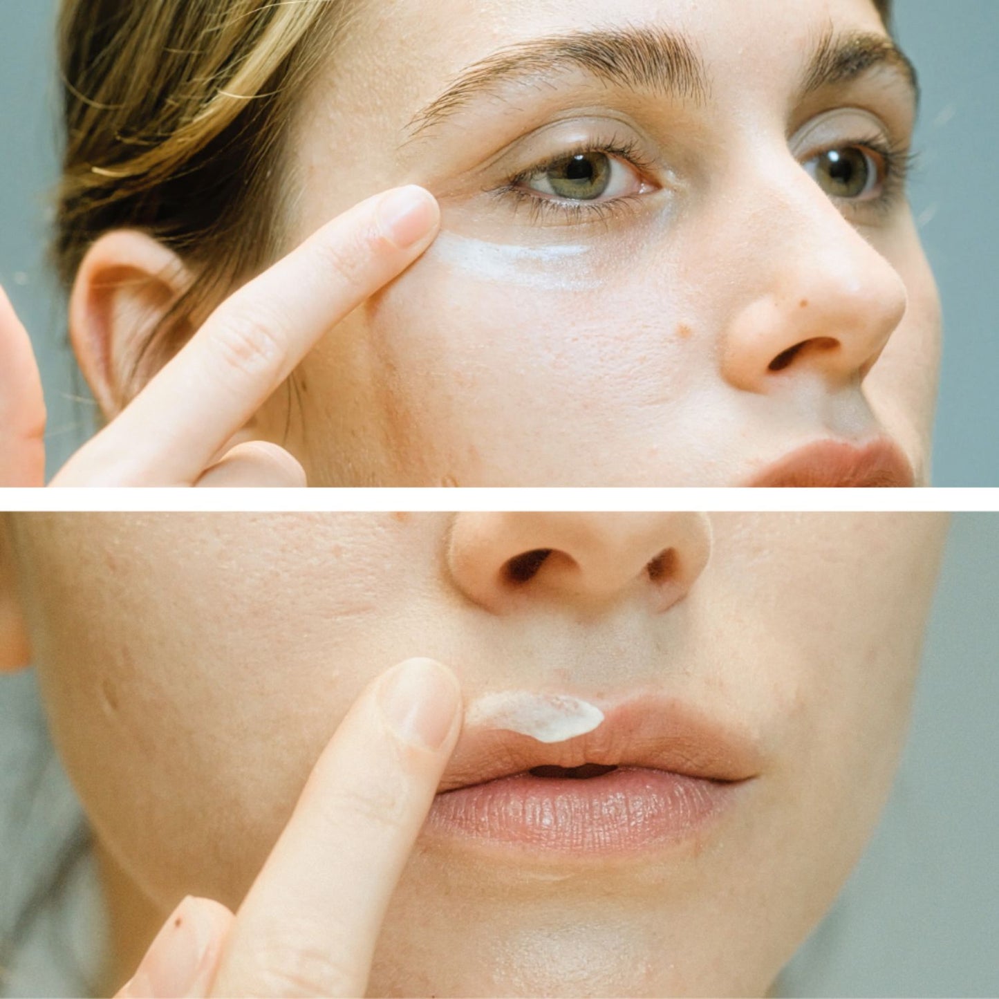 Model applying LIA Cosmétiques Eye & Lip Contour cream to reduce puffiness, fine lines, and signs of fatigue