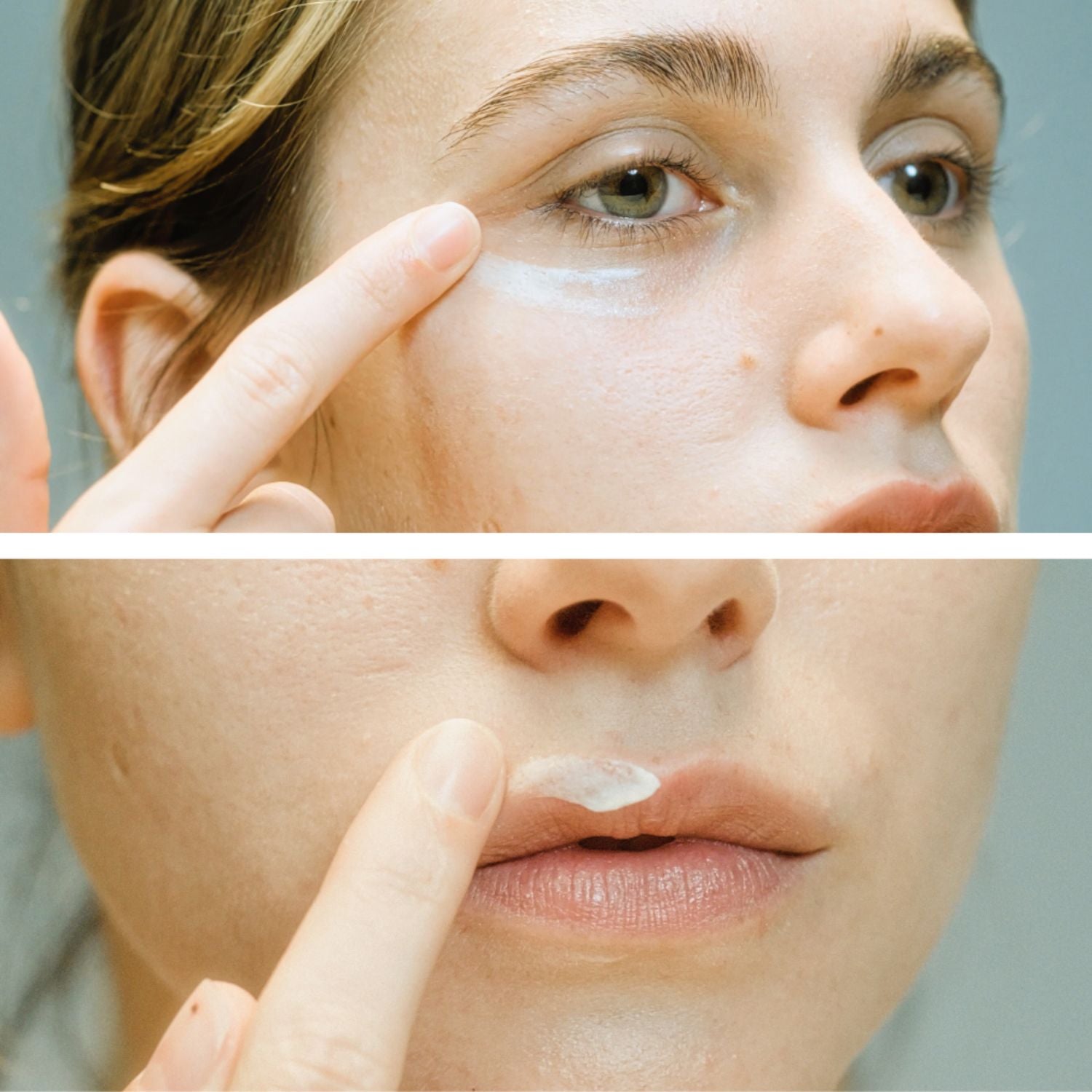 Model applying LIA Cosmétiques Eye & Lip Contour cream to reduce puffiness, fine lines, and signs of fatigue