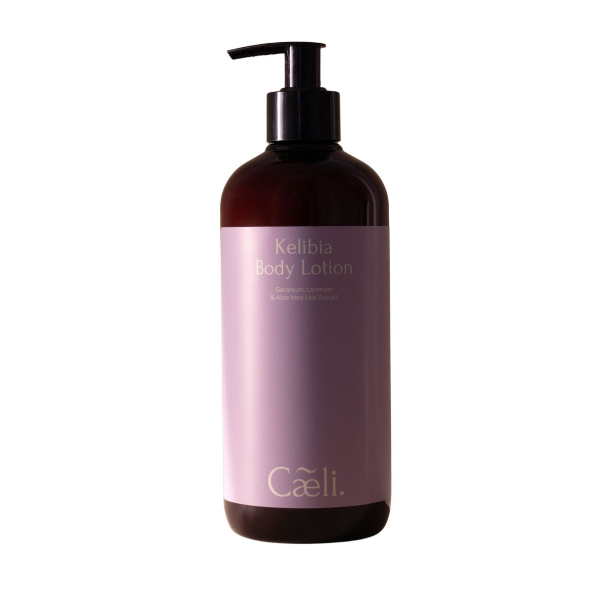 A dark amber brown 500 ml pump bottle of Caeli Kelibia Organic Body Lotion with a lavender purple label and a black pump dispenser, set against a plain white background.