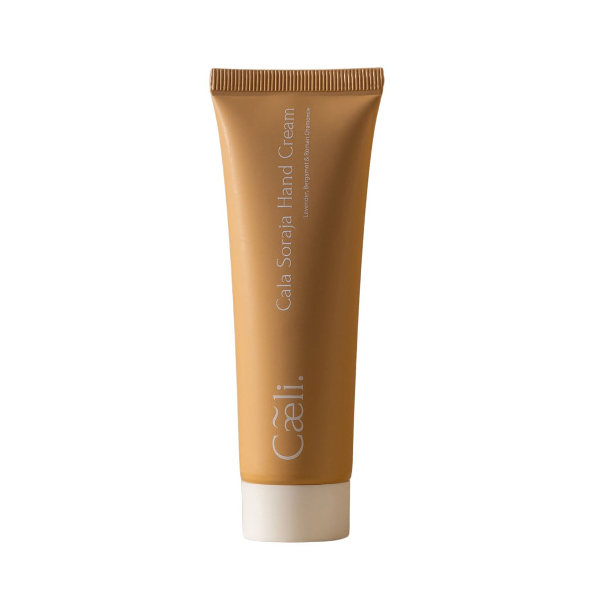 Caeli Cala Soraja Organic Hand Cream 50ml in a gold squeeze tube with a white cap, shown on a plain white background.