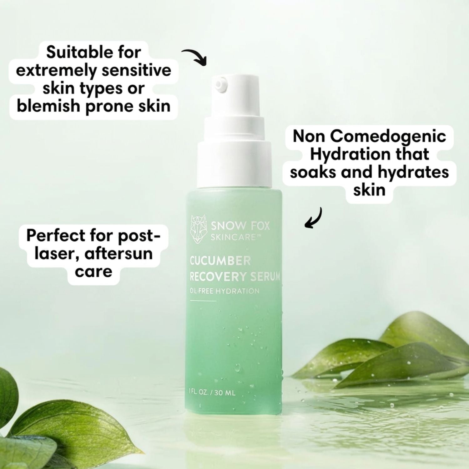 Snow Fox Skincare Cucumber Recovery Serum bottle with product benefits mentioned: suitable for sensitive and blemish prone skin, non-comedogenic, perfect for post-laser or aftersun care