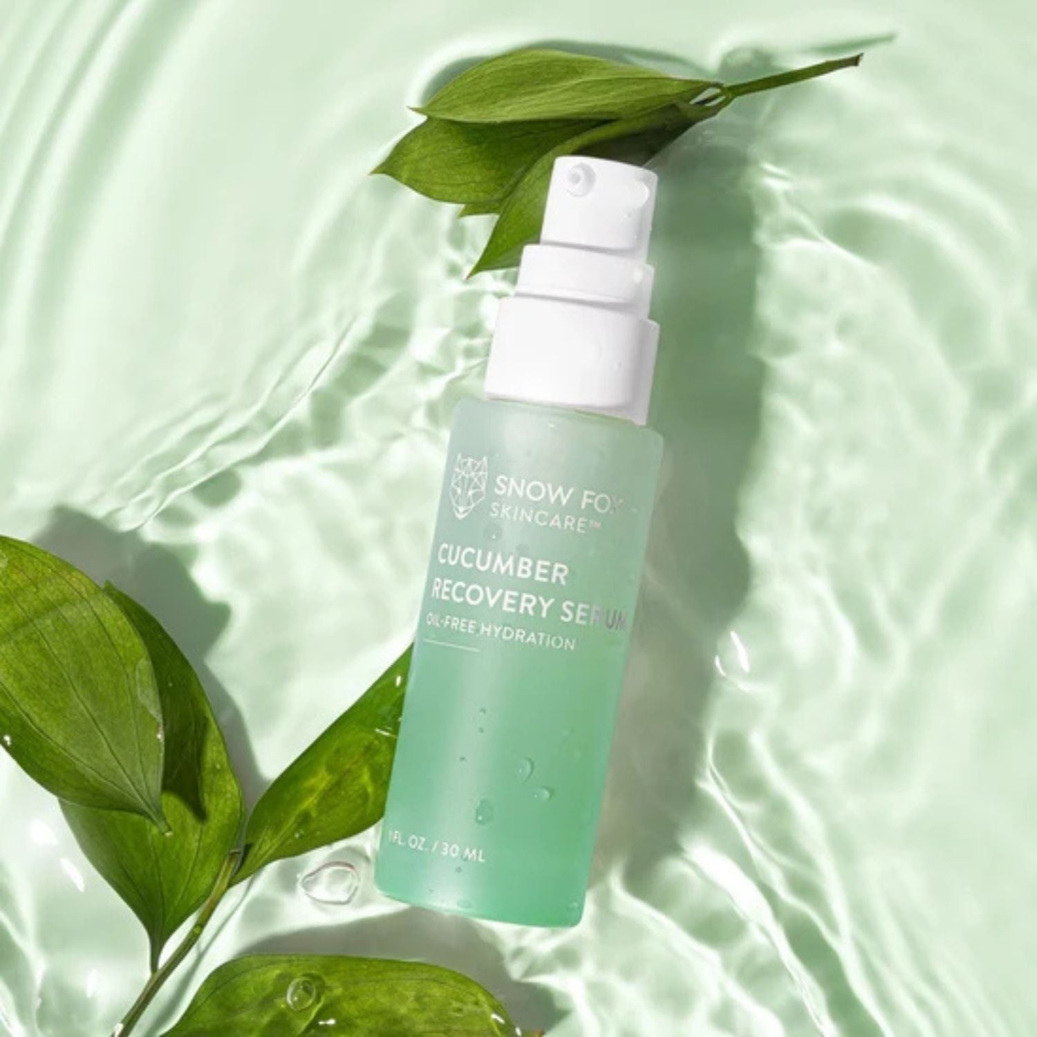 Snow Fox Skincare Cucumber Recovery Serum bottle with green leaves on a light green background