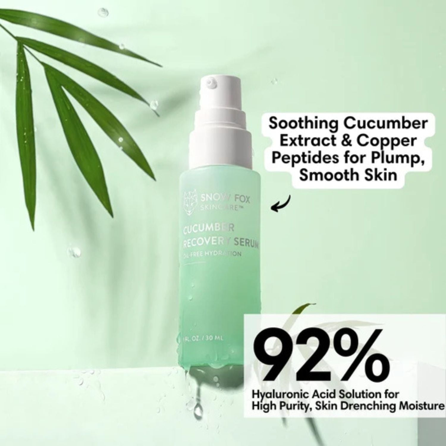 Snow Fox Skincare Cucumber Recovery Serum bottle with text about soothing cucumber extract and copper peptides for plump smooth skin, and high concentration in hyaluronic acid, on a light green background.