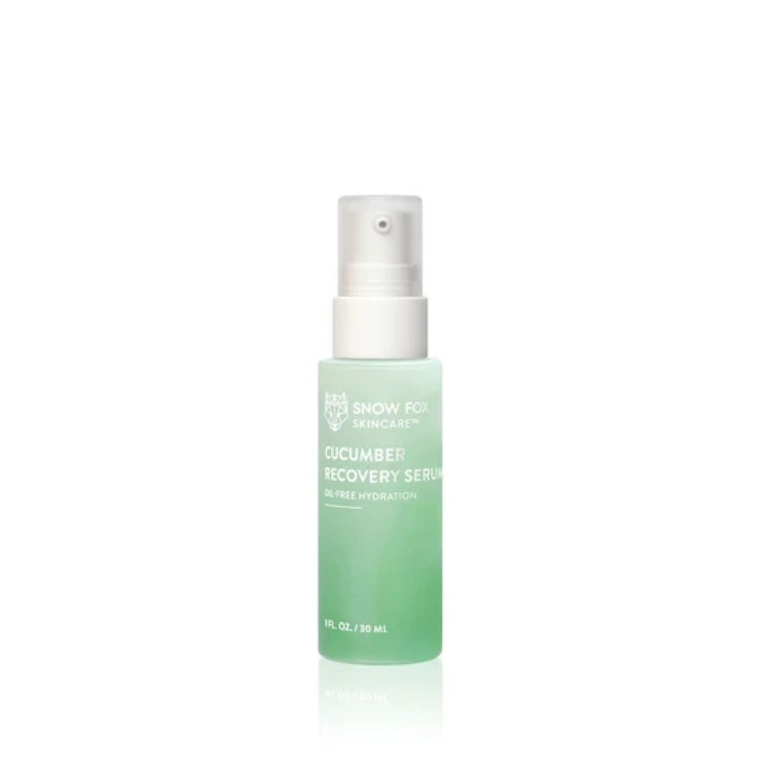 Snow Fox Skincare Cucumber Recovery Serum in a 30 ml pump bottle with a light green body and white cap, shown on a white background with a soft reflection. "Oil-Free Hydration" mentioned on the bottle. 